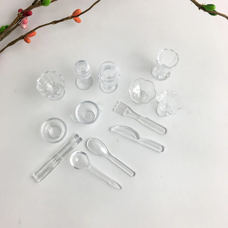 13 pçs/set mini transparente utensílios de cozinha brinquedo copos prato talheres miniaturas diy fingir jogar mini copo plástico brinquedo