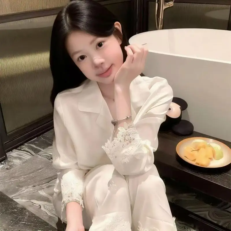 

Шелковая пижама для женщин на весну, осень и лето, с длинными рукавами и брюками, с милым кружевным кардиганом, домашняя одежда, модная пижама