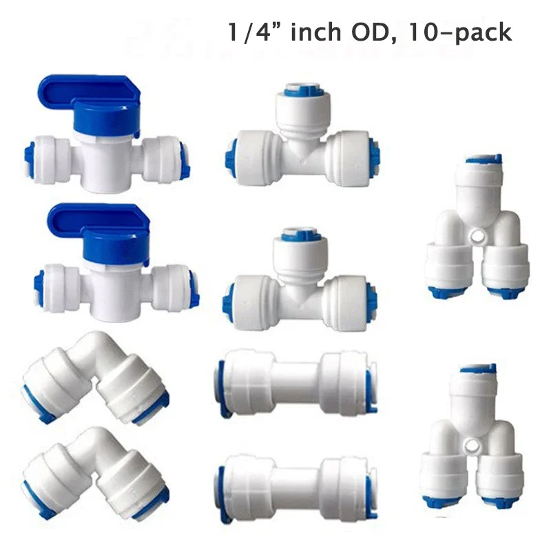 1/4" 3/8" buitendiameter Quick Connect Push In RO Waterbuis Recht T-stuk Elleboog Kogelkraan Fittings Kit 10. 25 PACK