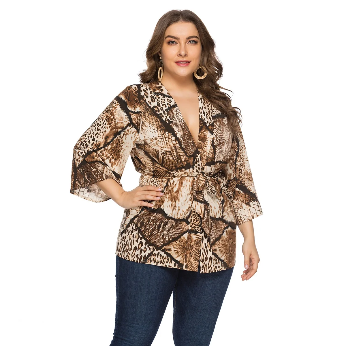 ملابس علوية نسائية بأكمام ثلاثة أرباع ، ملابس علوية غير رسمية برقبة على شكل حرف V ، مقاس كبير ، أزياء أنيقة ، كبيرة ، وصلت حديثًا #1