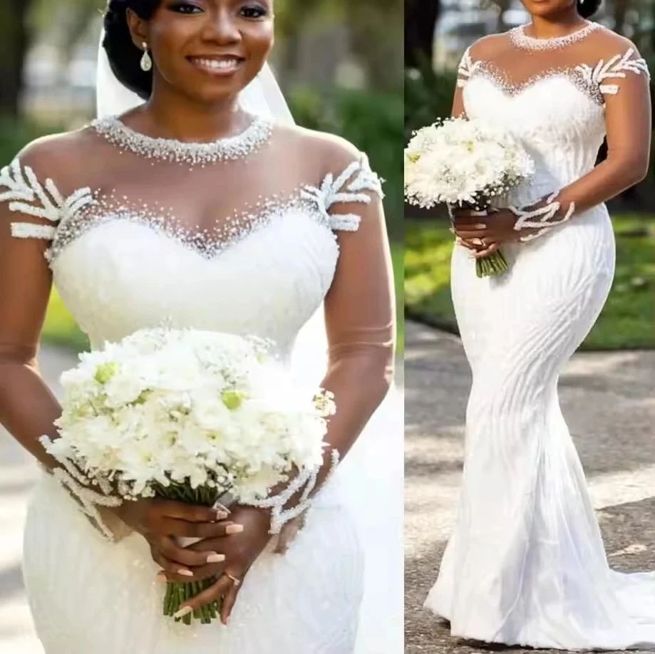 Spitzen-Südafrikanische Hochzeitskleider für schwarze Mädchen, Meerjungfrau-Stil, lange Ärmel, Applikationen, Brautkleid, Vestido De Noiva, individuell gestaltet