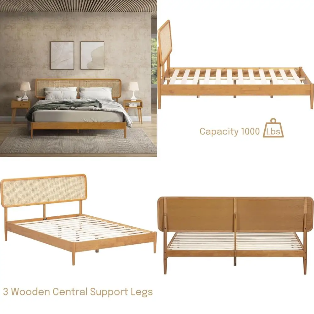 

Lupin Wooden Bed Frame with Headboard, Natural Rattan, Solid Oak and Rubber Wood Slat Base, Supports 1000 Lbs