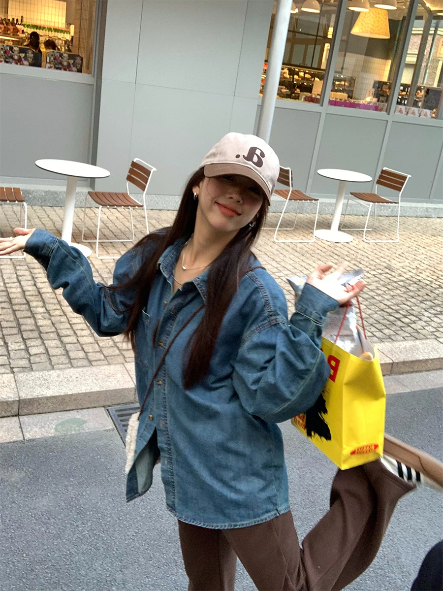 

Винтажная джинсовая рубашка Huanghuangjia с длинным рукавом на пуговицах, классический воротник, свободный крой, весна-осень, новинка, хлопок