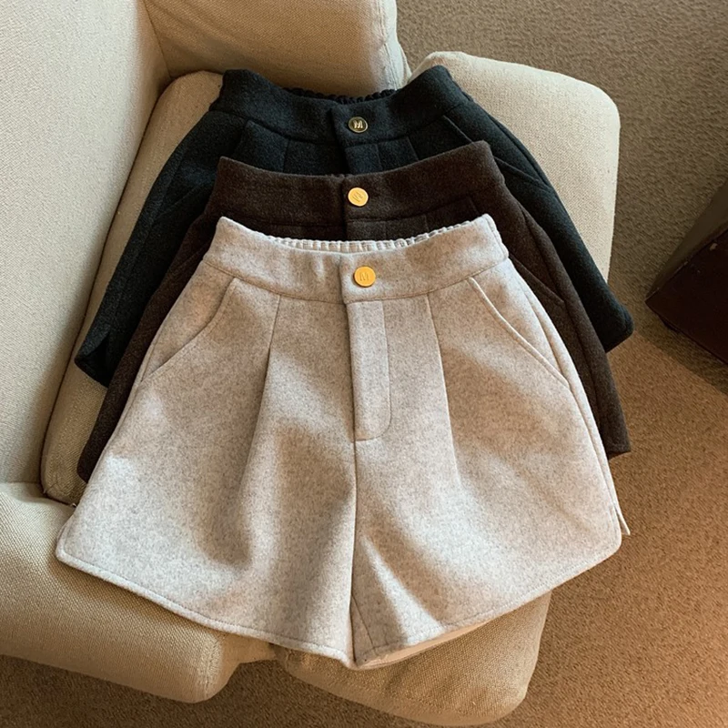 MEXZT Streetwear Woolen Shorts Women Fashion Sexy Wide Leg Shorts Winter Ladies Korean Elegant Baggy Thick Hot Short Pants New