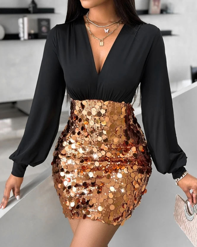 

Women's Colorblock Sequin Dresses Sexy Deep V-Neck Low Neck Lantern Sleeve Mini Pencil Dress Fashion Elegant Patch Party Dress