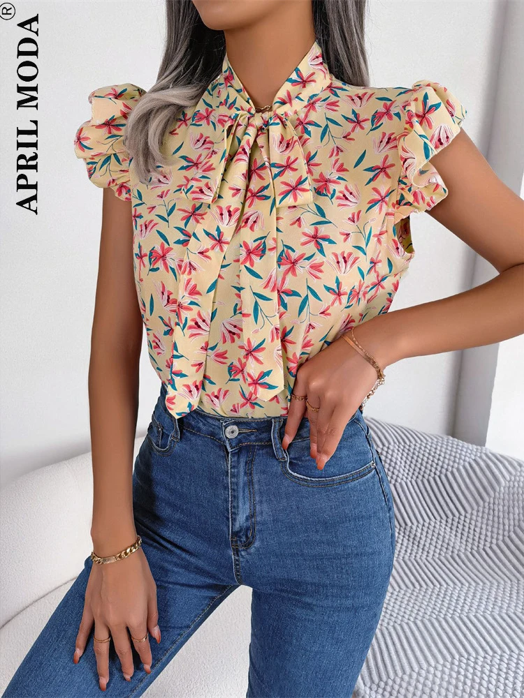 

Elegant Summer Retro Vintage Blouse Floral Print Short Sleeve Chiffon Women's Shirt with Bow Neck 2023 Chic Fashion Office Tops