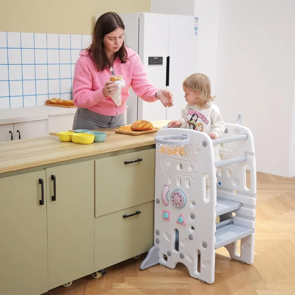 Children's kitchen, bathroom footstool, children's learning tower with blackboard and safety railing, gray free shipping