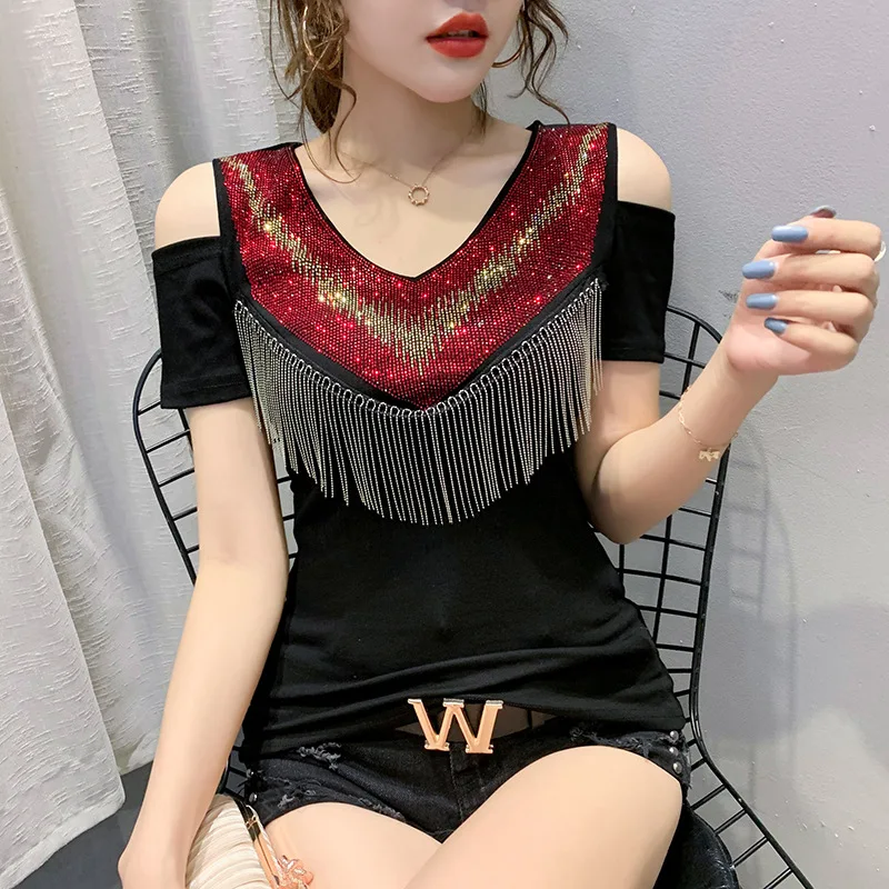 

Black T-shirt Summer New Shiny Diamond Tassel Women Y2k Clothes Tops Short Sleeve Off-shoulder Skinny Elastic Tees Chic Shirts