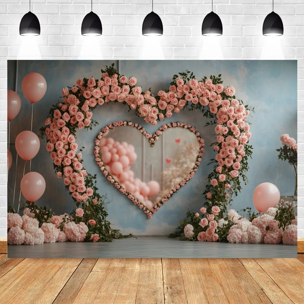 Spring Rose Flower Photography Backdrop Heart-shape Pink Rose Flowers Valentine's Day Decor Banner Photo Background Supplies