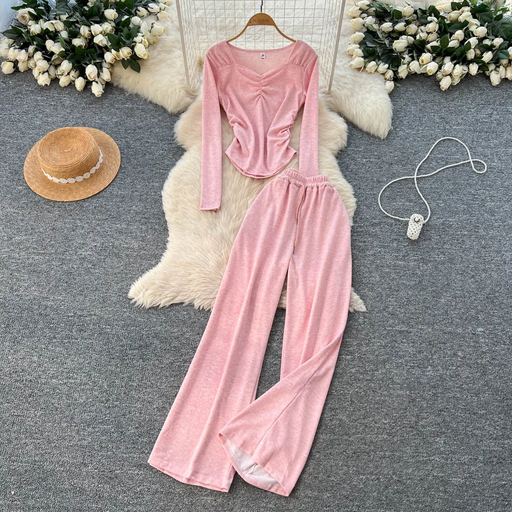 Due pezzi Set di pantaloni da donna Set coordinati solidi Colletto quadrato Flods Top Pantaloni a gamba larga a vita alta Allentati Casual 2025 Autunno Inverno