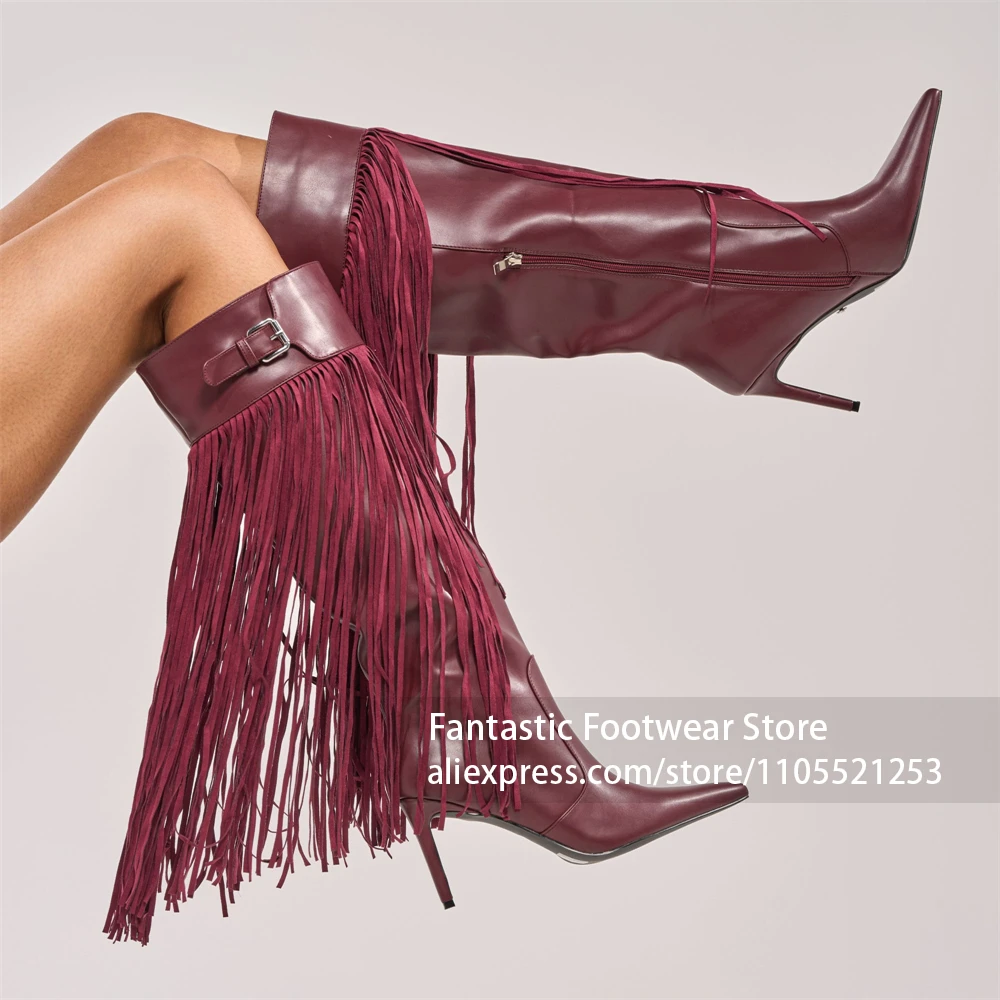 Long Hanging Fringe Trim Boots Silver Buckle Strap at Topline Western Fringe Knee High Boot Retro Western Boho Fashion Aesthetic