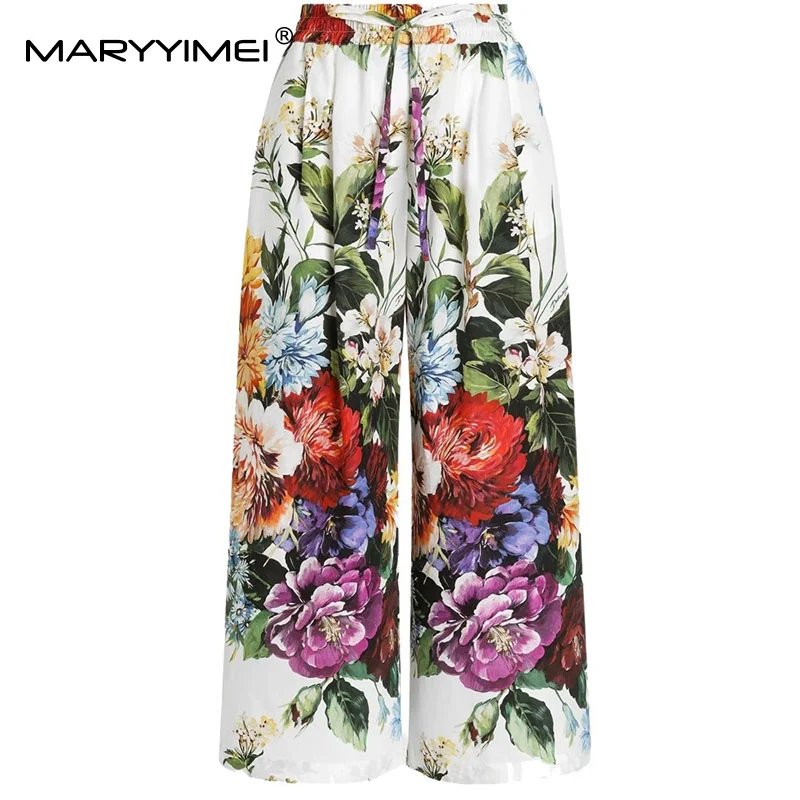 

MARYYIMEI Spring and Summer New Women Romantic Daily Basic Vacation Style Floral-Print Cotton Straight Pants