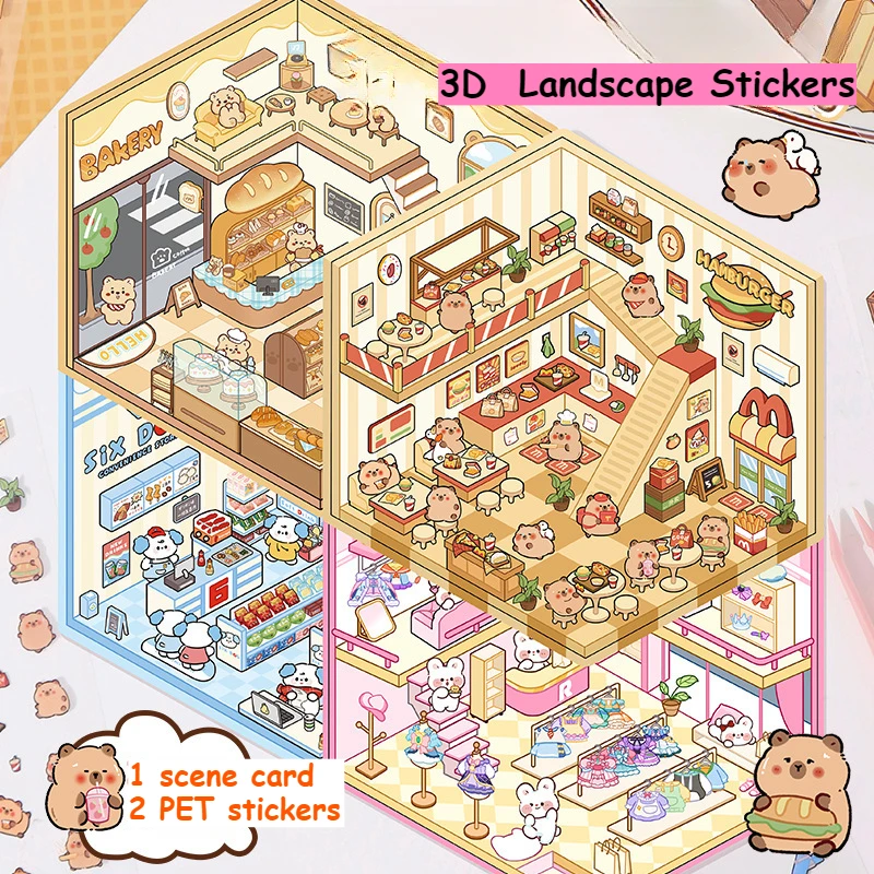 3D DIY Capybara Kaninchen Landschaft Aufkleber Koreanischen Stil Cartoon Aufkleber Miniatur Hütte Szene Stapeln Einfügen Hand Konto Geschenk