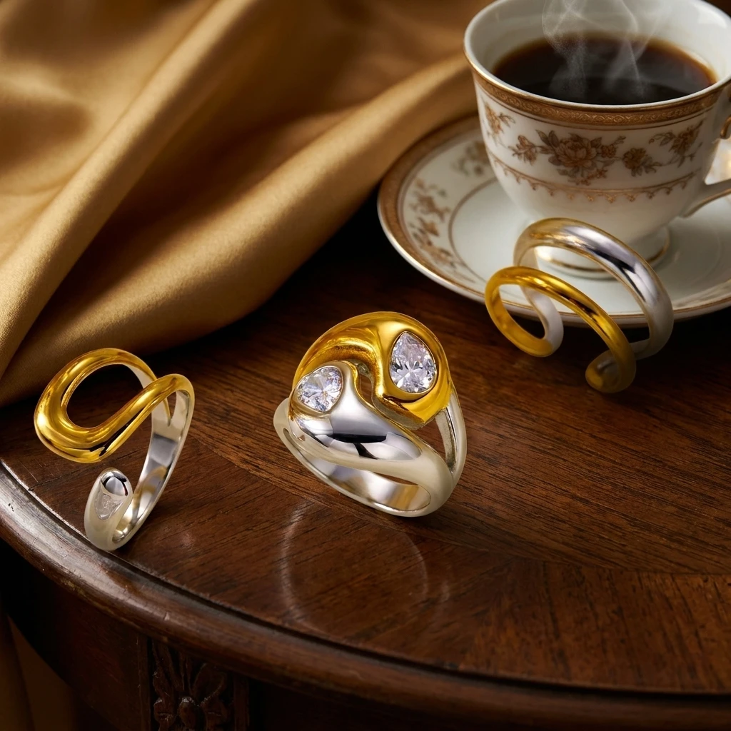 3-teiliges Minimalistisches Zweifarbiges Geometrisches Ringset aus Edelstahl mit Kubischem Zirkonia, Stapelbare Statement-Ringe für Frauen, Tägliches Tragen – Detail 5