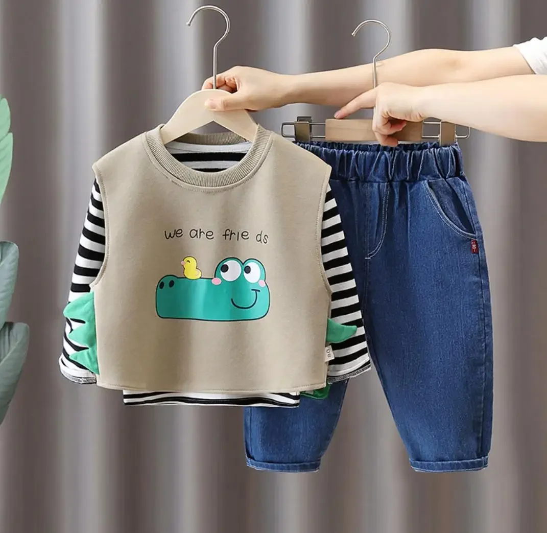 Outono casual bebê meninos conjuntos de roupas 12 a 24 meses crianças dos desenhos animados dinossauro colete + camisetas listradas + calças jeans 3 pçs roupas infantis