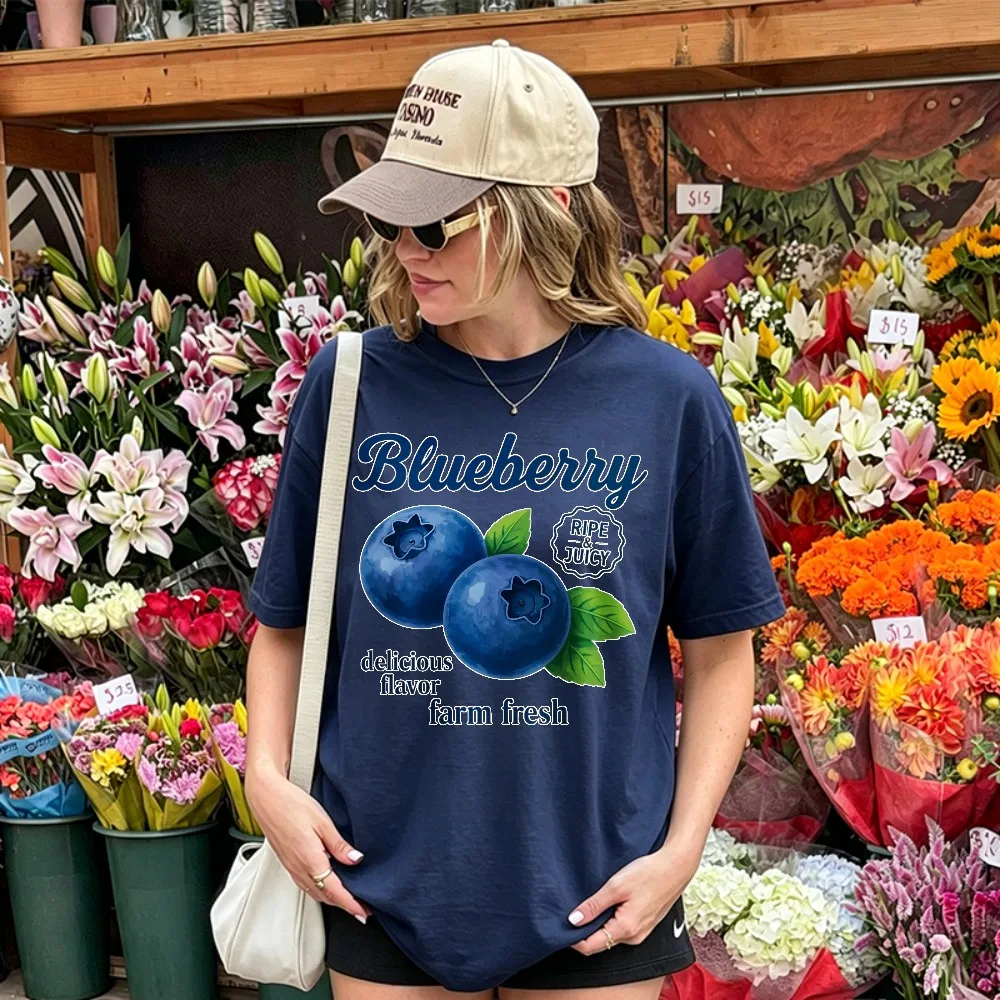 Women Cotton T Shirt Vintage Cursive Blueberry Farm Fresh Fruit Leaf Stamp Graphic Cottagecore Farmhouse Aesthetic Casual Tops
