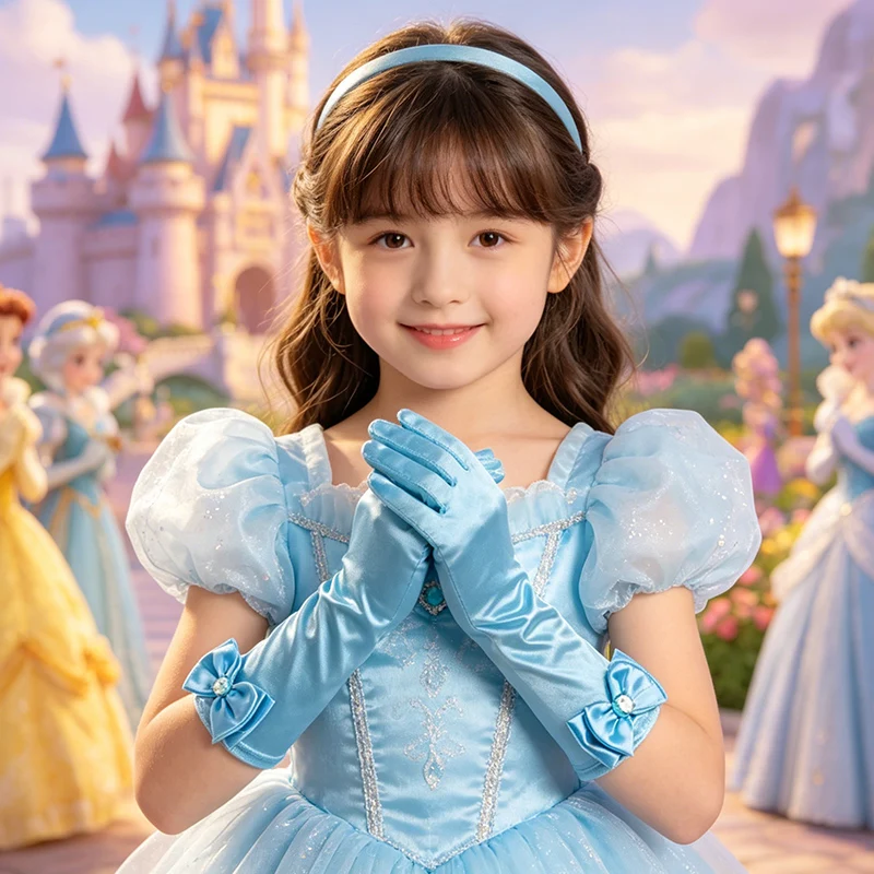 4-9-Year-Old Ice and Snow Qiyuan Butterfly Knot Fairy Tale Princess Gloves Children's Stage Performance Colored Gloves