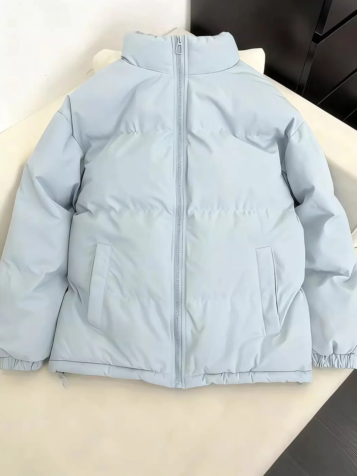 Blue Lightweight Stand Collar down Cotton Jacket Men Women Winter American Plaid Splicing Thickened Couple Style Bread Coat