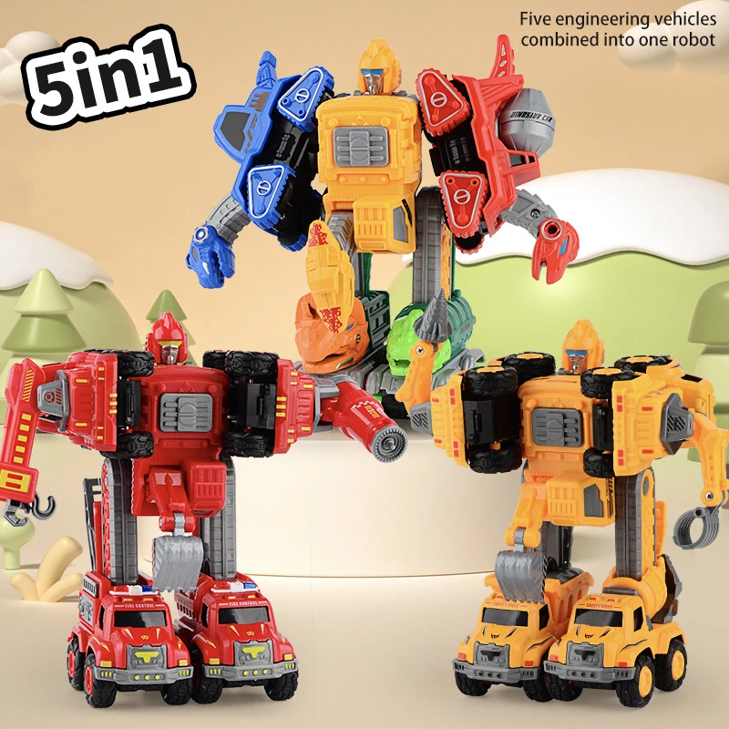 5 IN 1 Transformation Construction Vehicle Robot Alloy Action Figure Model Children Toy Dinosaur Engineering Vehicle Fire Truck