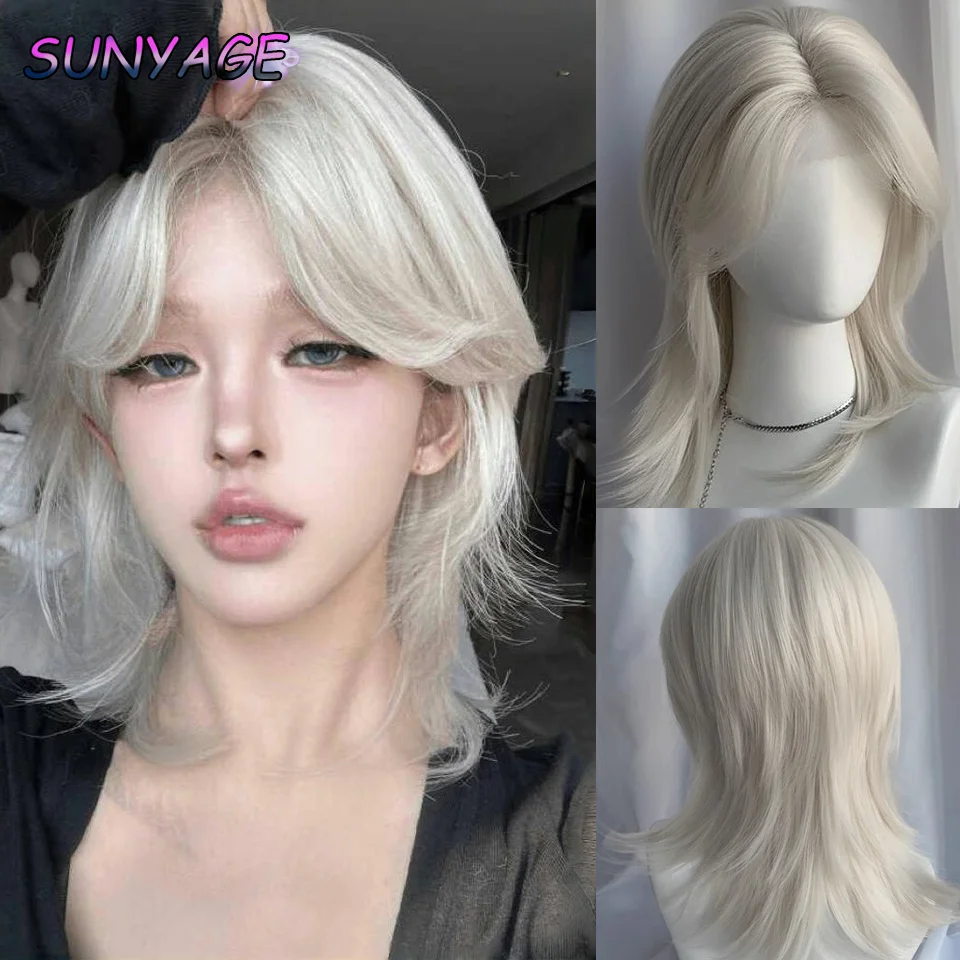 

SUNYAGE Halloween Synthetic Short Mullet Head Wigs With Bangs Straight Anime Hairpieces White Gold Wolf Tail Short Hair Wig For