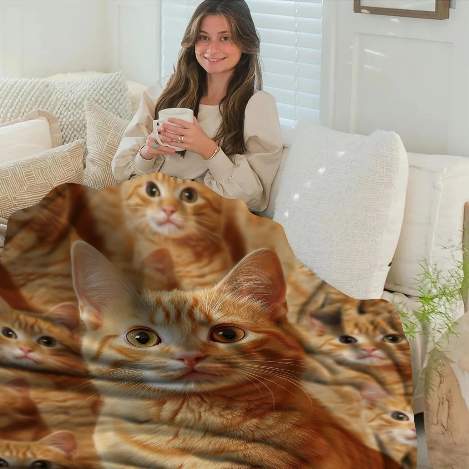 Cozy Golden Yellow Cat Pattern Flannel Throw Blanket - Soft, Warm & Versatile for All Seasons