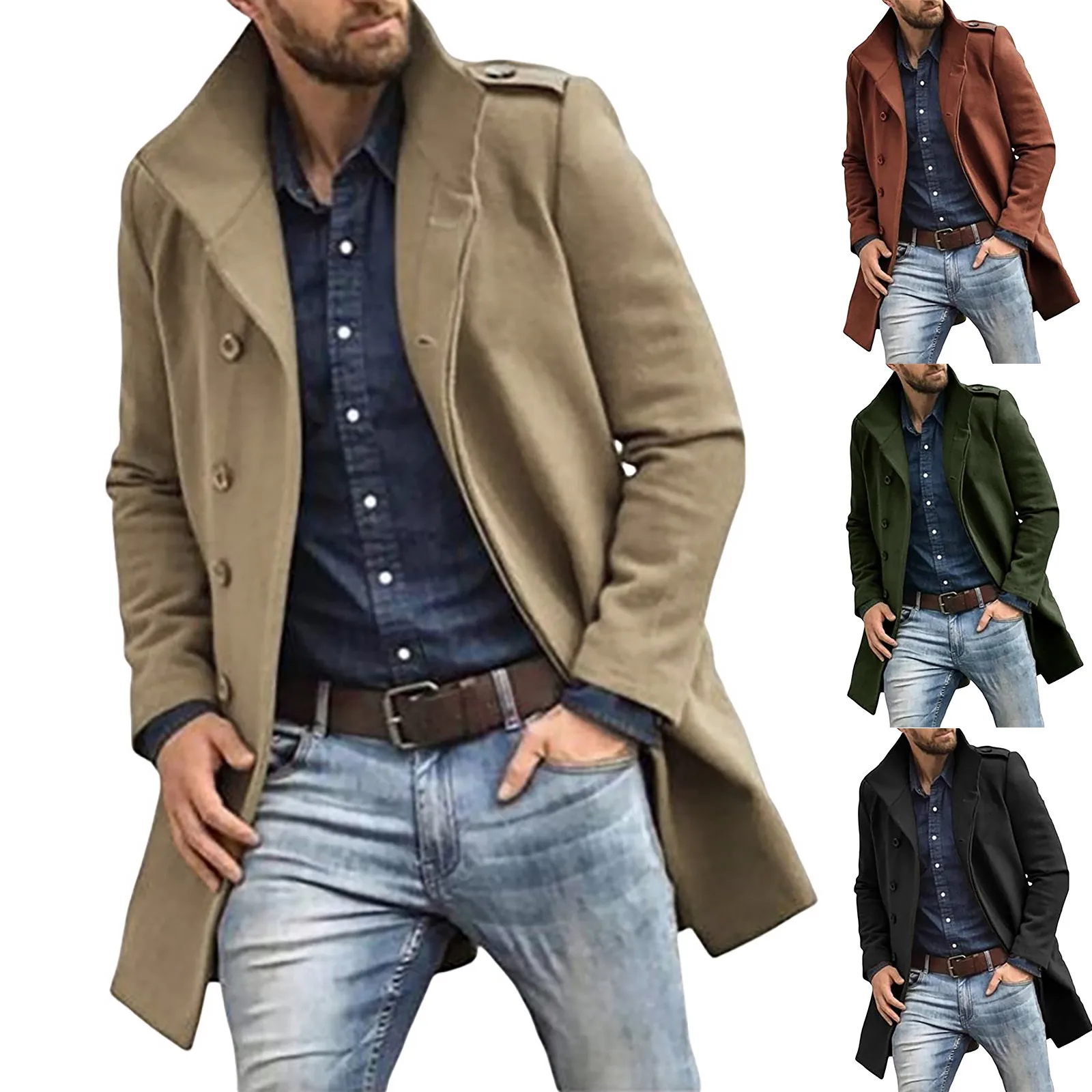 Men's Wool Solid Color Stand Collar Medium Long Casual Pocket Coat Mens Sur Anorak