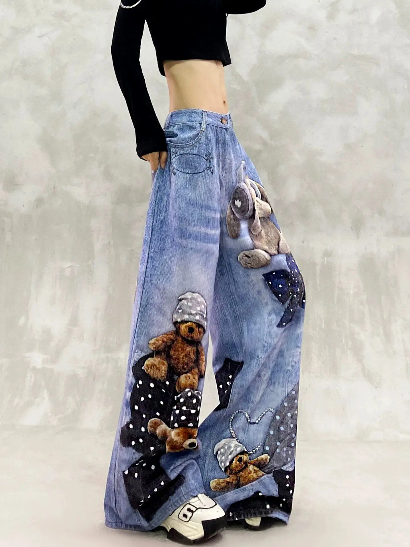 Sweet Cool Spice Girls Bear Printing Women Denim Trousers Spring Summer Wide Leg Jeans High Waist Women Casual Straight Pants