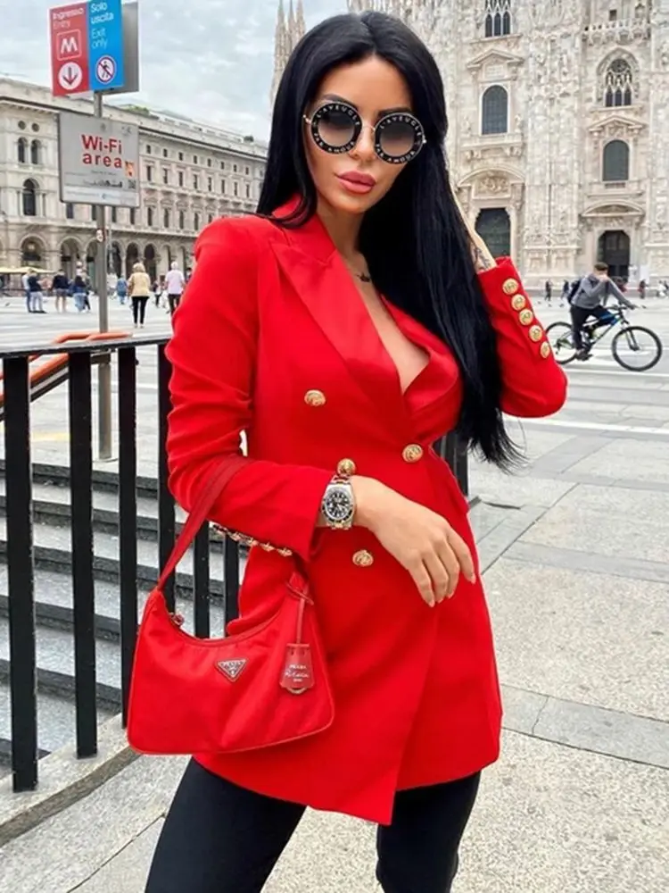 Spring Autumn Ol Solid Blazer For Women Pink Sexy Long Sleeve Double-Breasted Slim Coat Top Female 2022 Fashion Clothes New