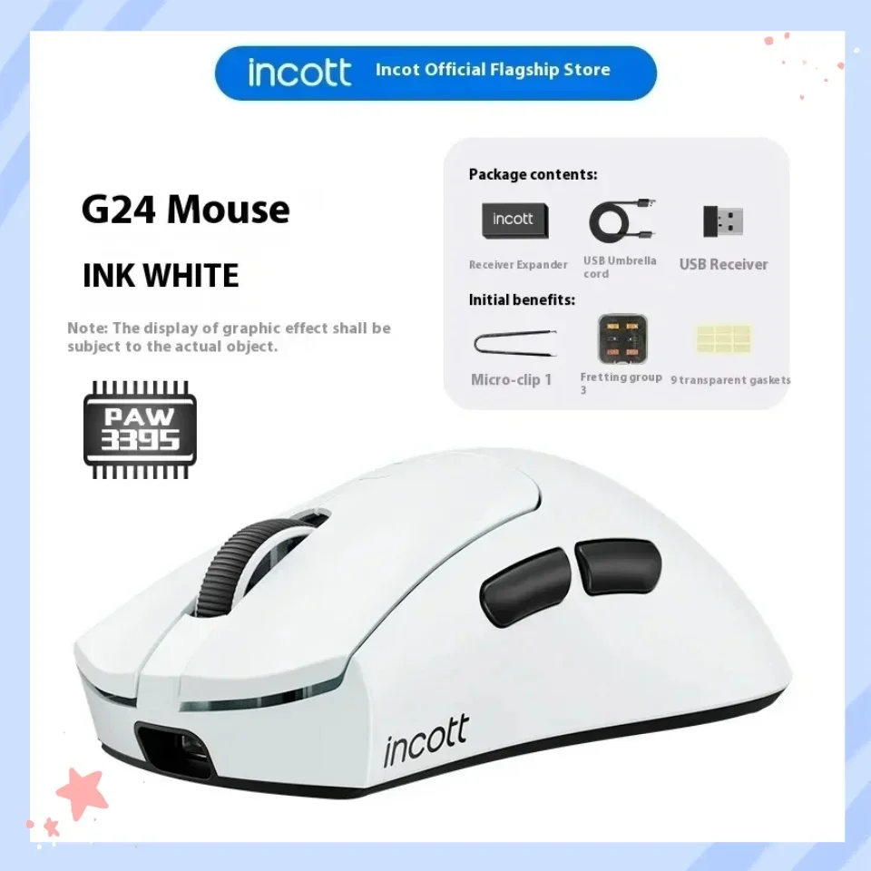 Incott  Wireless Mouse G24 1Khz Dual Mode PAW3395 26000DPI Hot-swappable Mechanical Micro Macro Defines The Esports Gaming Mouse