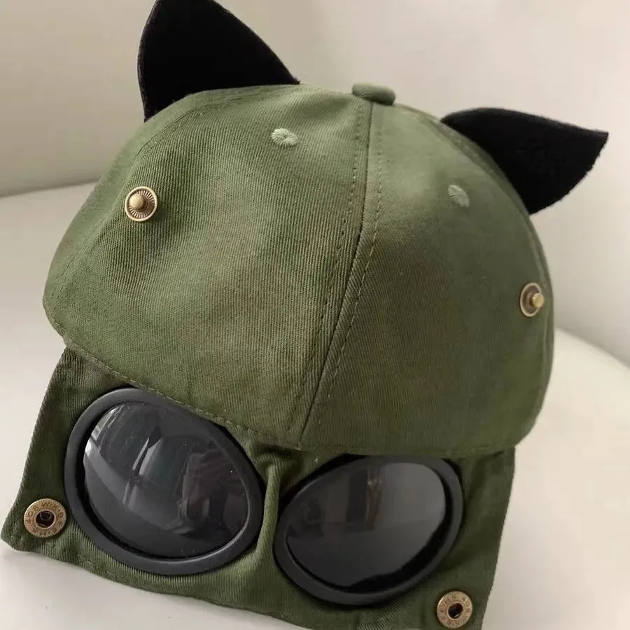 New Fashion Baseball Cap For Men Outdoor Sports Hip Hop Hats Women Cute Cat Ear Punk Glasses Aviator Hat Streetwear Pilot Bone