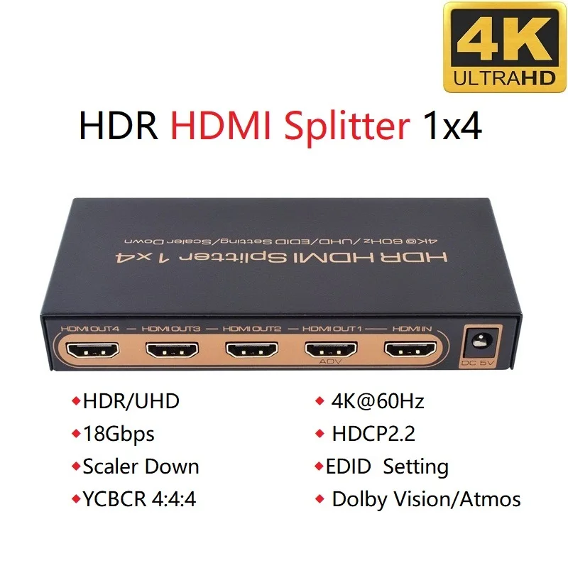 

4K @ 60 Гц HDMI сплиттер 1 в 4 выход Поддержка скалера вниз HDMI-совместимый сплиттер 1x4 HDMI 2,0 4:4:4 HDCP2.2 UHD HDR10 EDID настройки