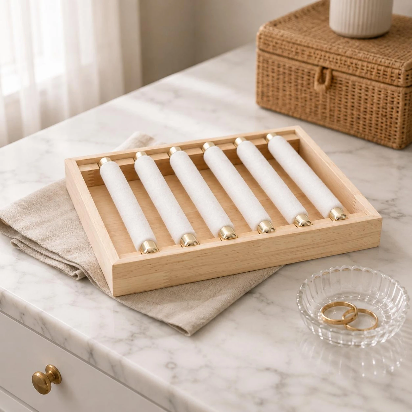 

Band Display Tray Cloth-Covered-Wrapped Wooden Band Tray Natural Wood Finish Metal-Capped