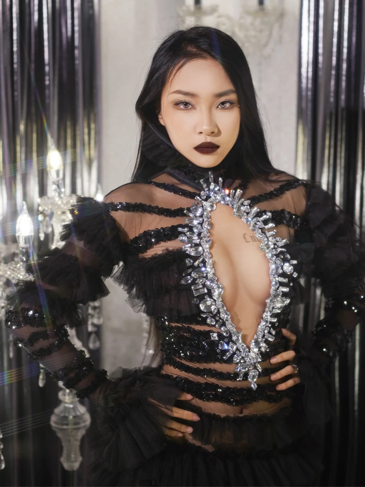 

Sparkly Rhinestones Black Mesh Transparent Full-length Dress Women Evening Prom Birthday Dress Sexy Performance Stage Wear