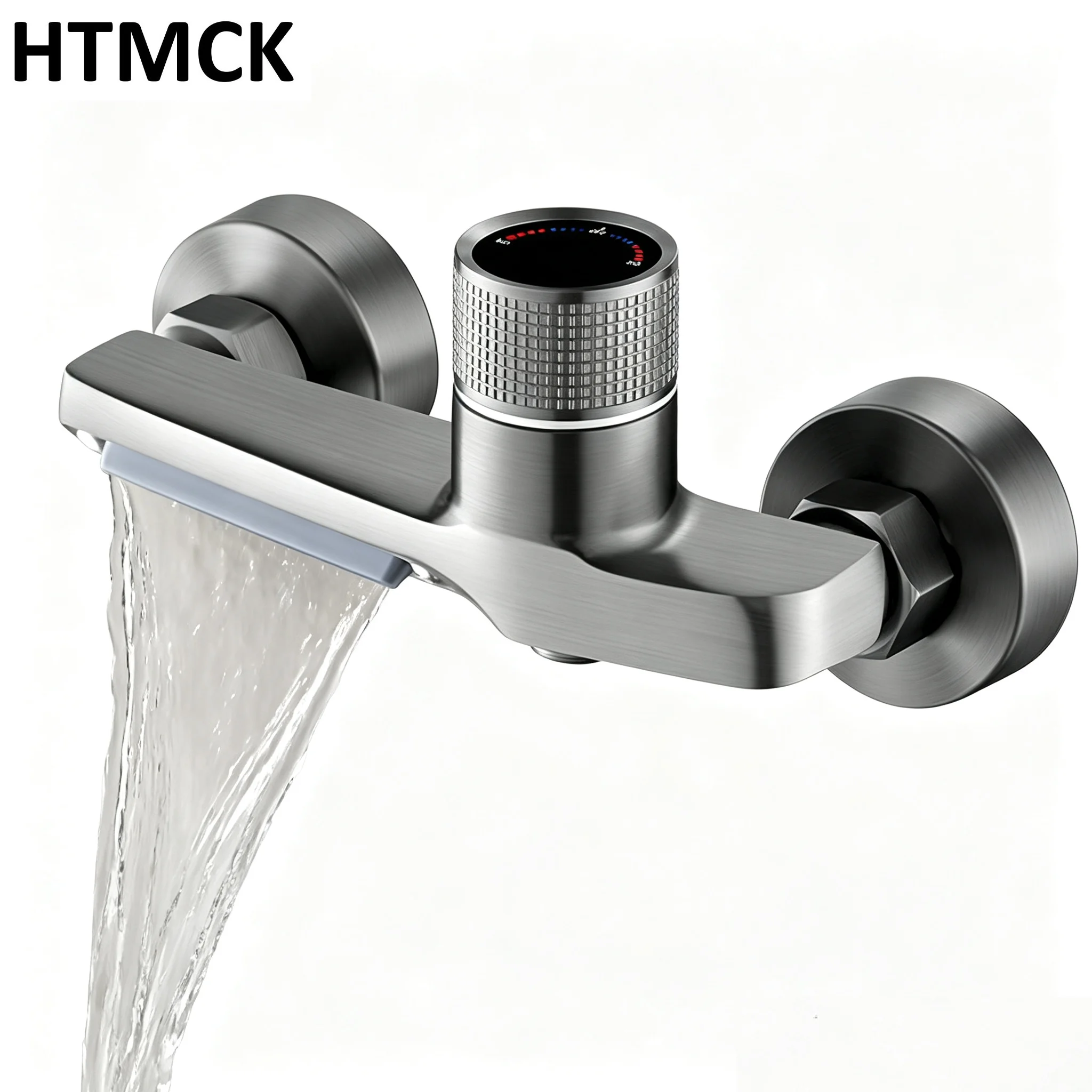 Gunmetal Gray Wall Mount Waterfall Bathtub Faucet, Brass Bath Mixer Tap with Temperature Control, Complete Installation Hardware