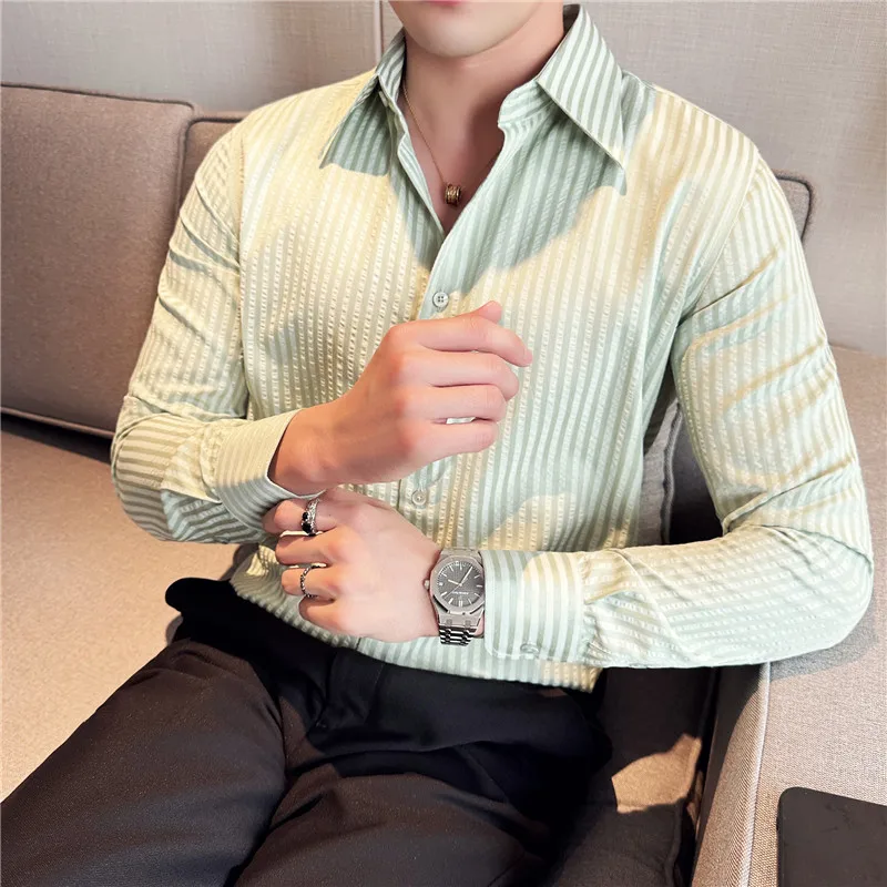 High Quality Long Sleeve Shirt Men's 3d Dark Pattern Vertical Stripe Stretch Buersucker Cotton Shirt Green Men Clothes Spring