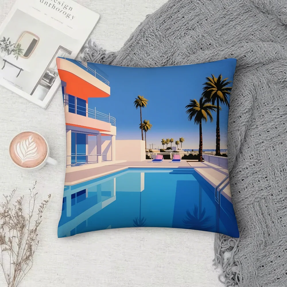 

Hiroshi Nagai Vaporwave Japan Beach City Summer Pillow Case Square Double-Sided Printing Short Plush Sofa Cushion Cover Pillow