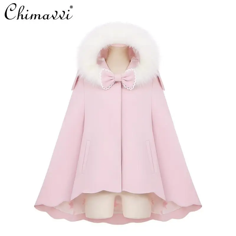 Orijinal Lolita Yumuşak Tavşan Çıkarılabilir Kürk Yaka Petal Sarkaç Yastıklı Yün Pelerin Kış Tatlı Kız Sevimli Yay Gevşek Şal Ceket