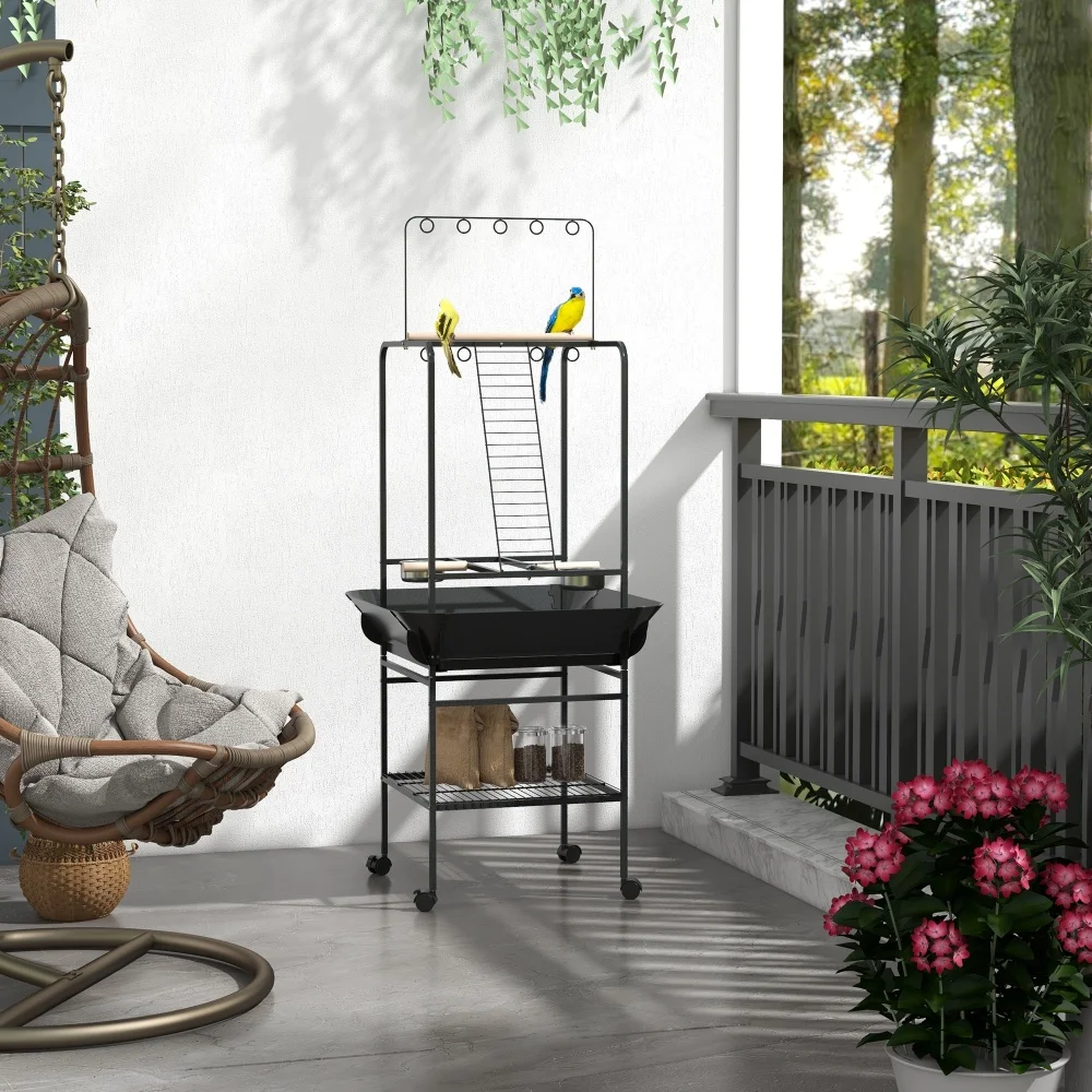 Bird Stand with Wheels, Parrot Stand with Perches, Stainless Steel Feed Bowls, Pull-Out Tray, Toy Hanger