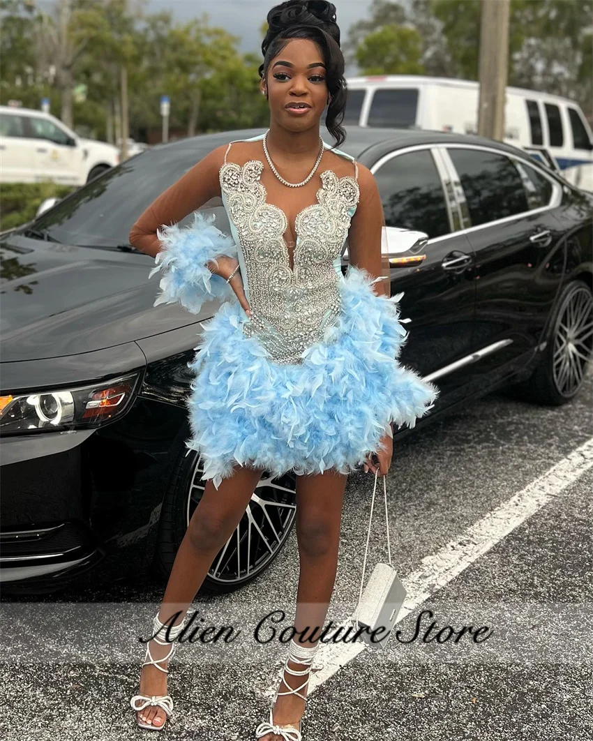 فستان حفلة موسيقية ماسي أزرق لامع للنساء ، أحجار راين لامعة ، فساتين فاخرة ، أكمام طويلة ، ريش ، فستان أعياد ميلاد للفتيات ذوات البشرة السمراء