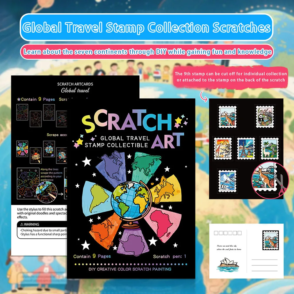 Creative Global Travel Stamp Collection Colorful DIY Scratch Painting Graffiti Scratch Book