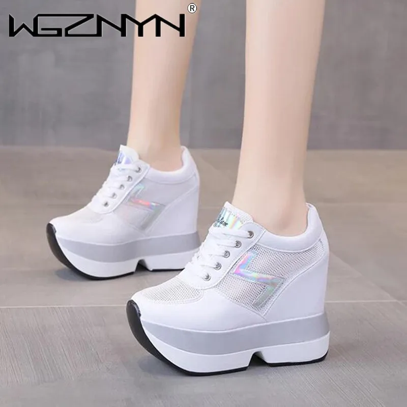 2024 Summer Autumn Sneakers Korean Style Women's Shoes High Heel 10.5cm Insole Thick Bottom Sponge Tie Casual Sports Shoes Mesh