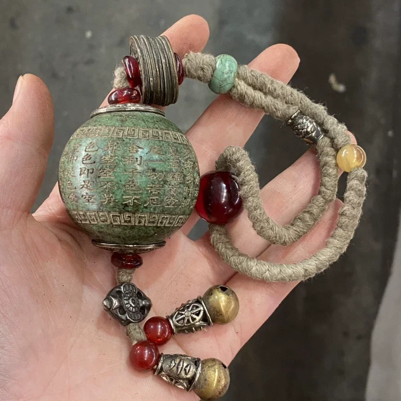 Collection Copper Inlaid Turquoise Sphere Heart Sutra Handheld Artifact Crafts Pendant