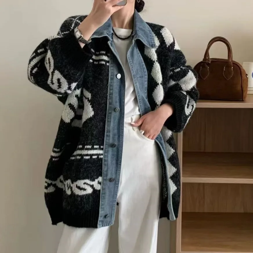 Dames gesplitst denim vest truien gebreide truien jacquard kraagvorm lange mouwen losse Y2k casual 2025, herfst winter