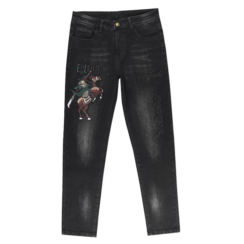 

стильные мужские джинсы с вышитым принтом, осень 2023 года, новые эластичные маленькие прямые брюки по индивидуальному заказу, модные брюки