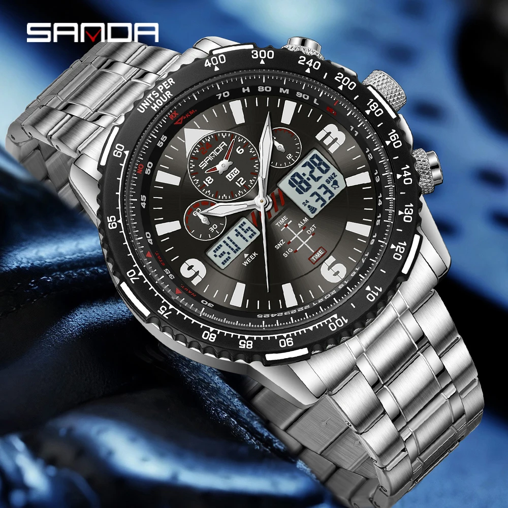 SANDA 2026 Dual Display Electronic Quartz Men's Watch 5ATM Waterproof Night Light Multifunctional Stopwatch Timer Alarm Clock