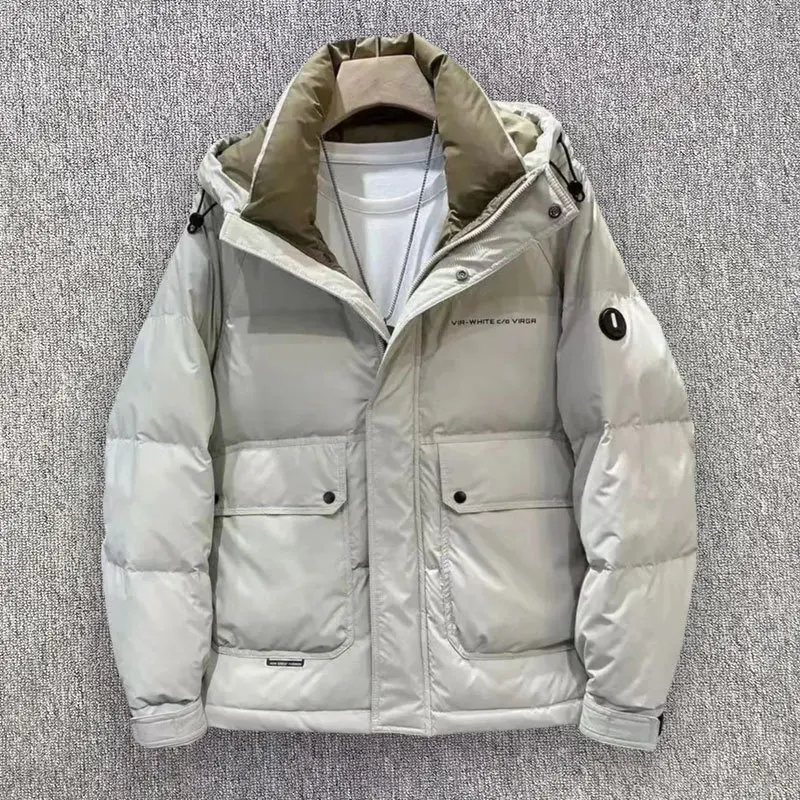 2024 Winter New Down Jacket Men's Thickened Warm Non Washable Hooded Short White Duck Down Coat Trendy