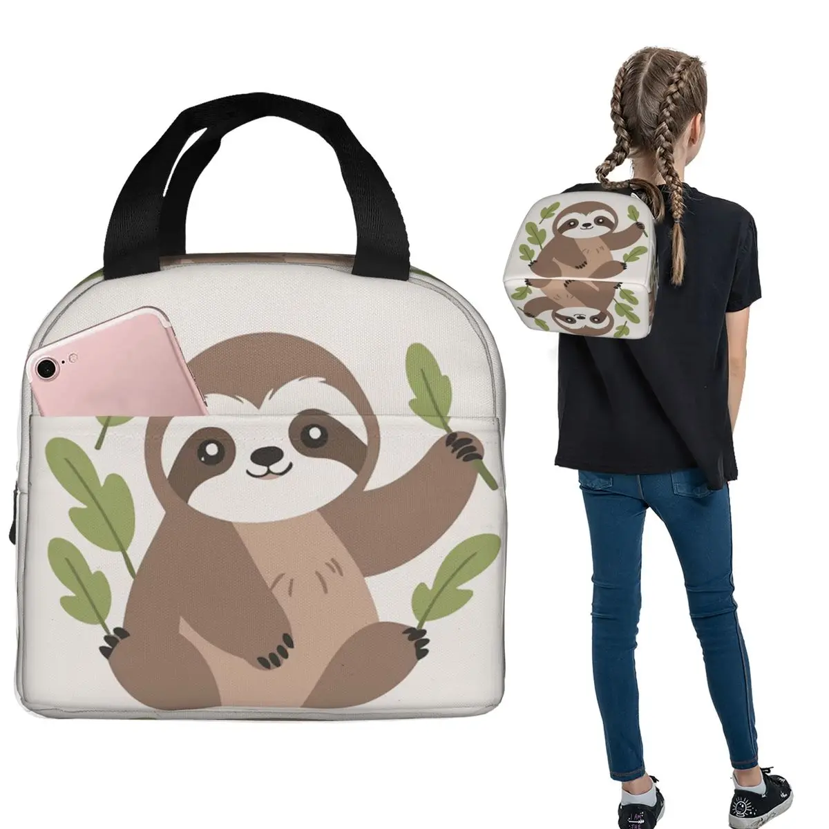 

Sloth Pattern Insulated Lunch Bag for Women Kids Portable Food Boxes Thermal Lunch Box Tote