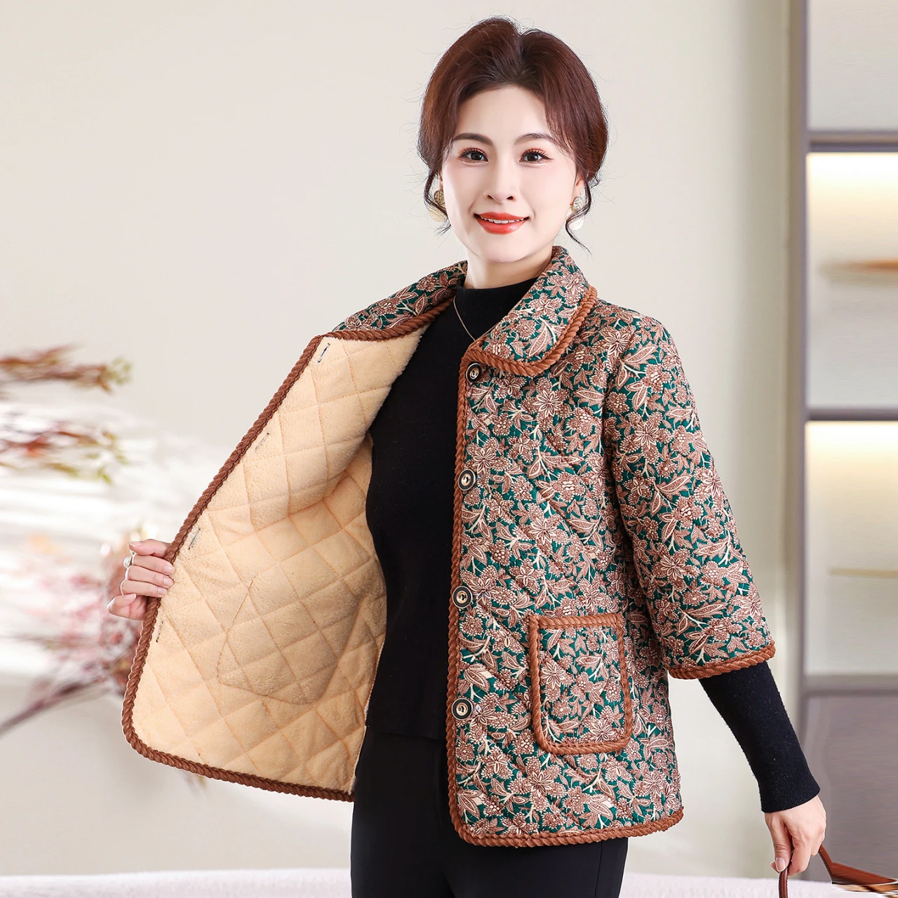 

Loose Fit Floral Print Fce Lined Cotton Jaet Mommy Sle Warm Vest for Women ly Autumn Wear Button Closure Polyeste...