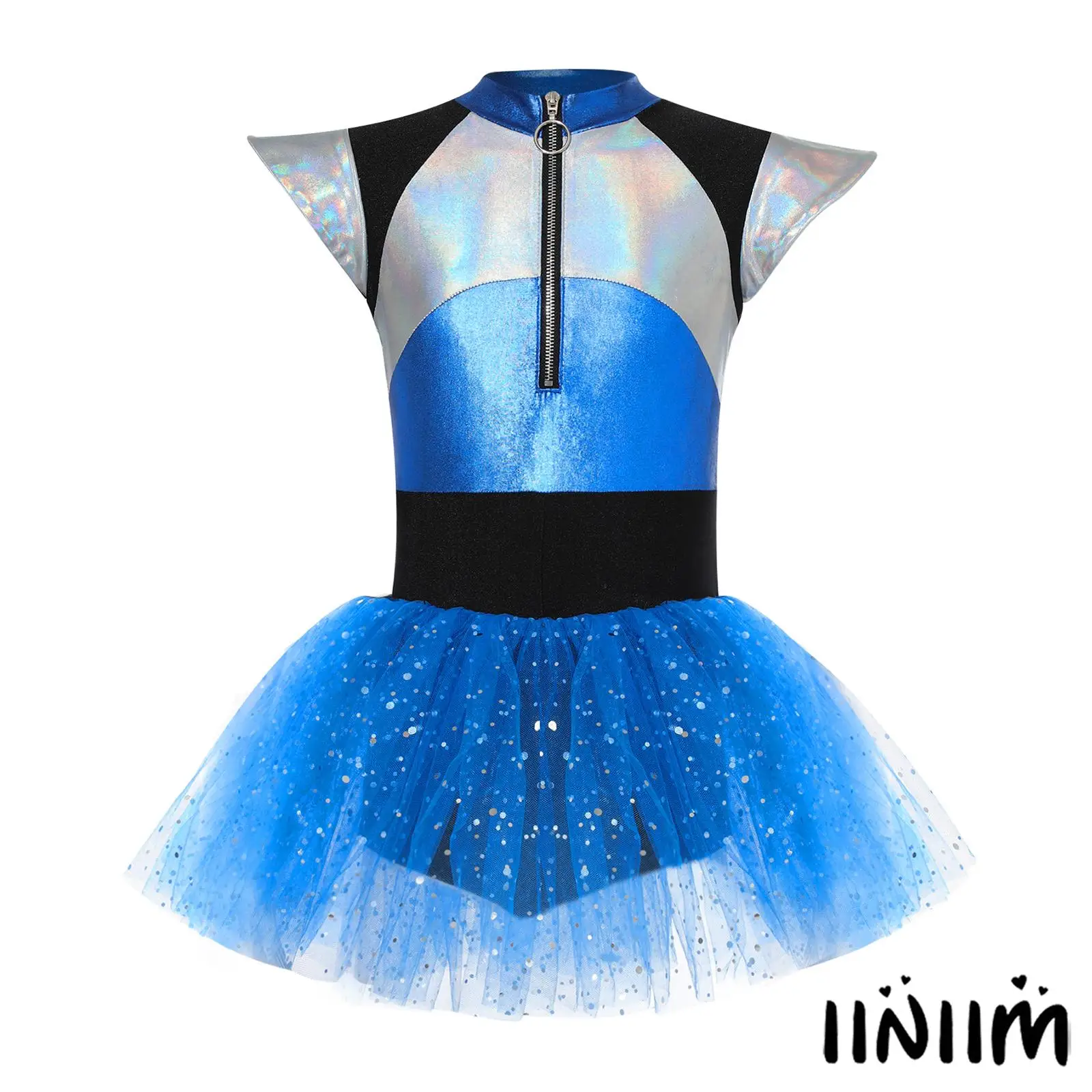 

Girls Halloween Alien Cosplay Costume Casual Short Sleeve Dress Color Block Patchwork Shiny Spangles Tutu Dresses Bodysuit