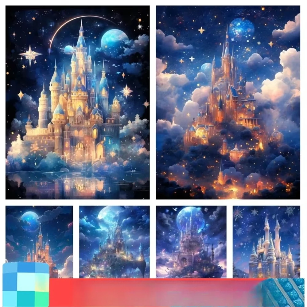 

Новый набор для алмазной вышивки: Квадратные и круглые стразы, мозаика «Замок мечты», фэнтезийный лунный пейзаж, декор для дома